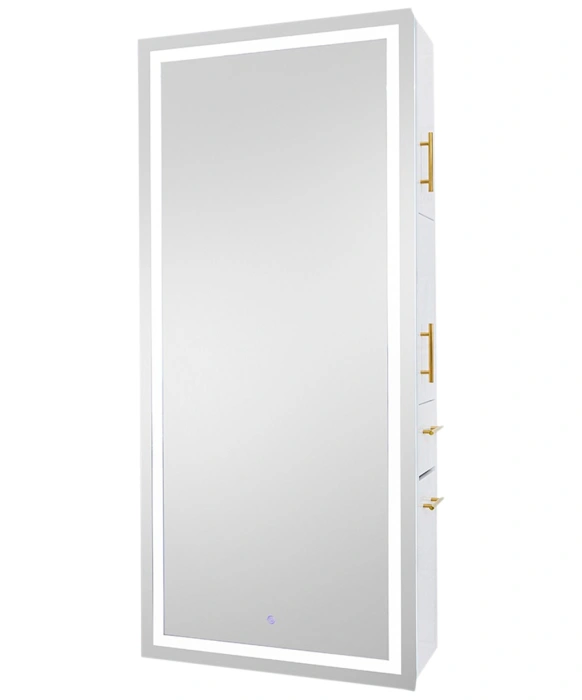 Pibbs 9110 Lumina Gold Handle LED Salon Mirror & Storage Server